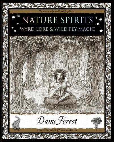 Black and white forest scene with horned figure sitting cross-legged on ground.