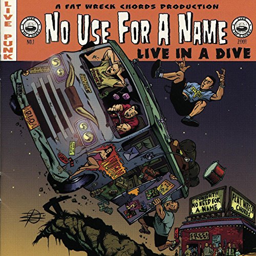 Cartoon album cover featuring a crashing van and chaotic figures against a dark background.