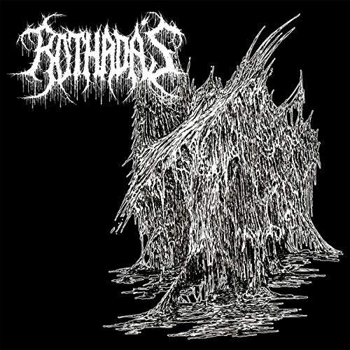 Black and white album cover for Rothadás, featuring skeletal tree-like imagery.