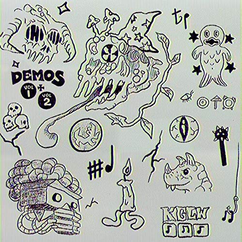 Black and white album cover with hand-drawn doodles and text “Demos Vol 1 & 2”.