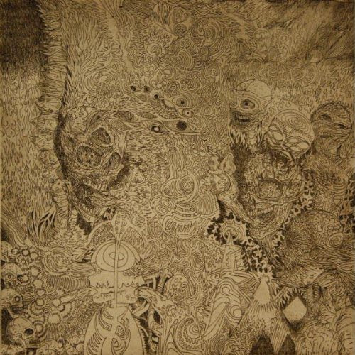 Intricate, monochromatic drawing of distorted faces and swirling patterns.