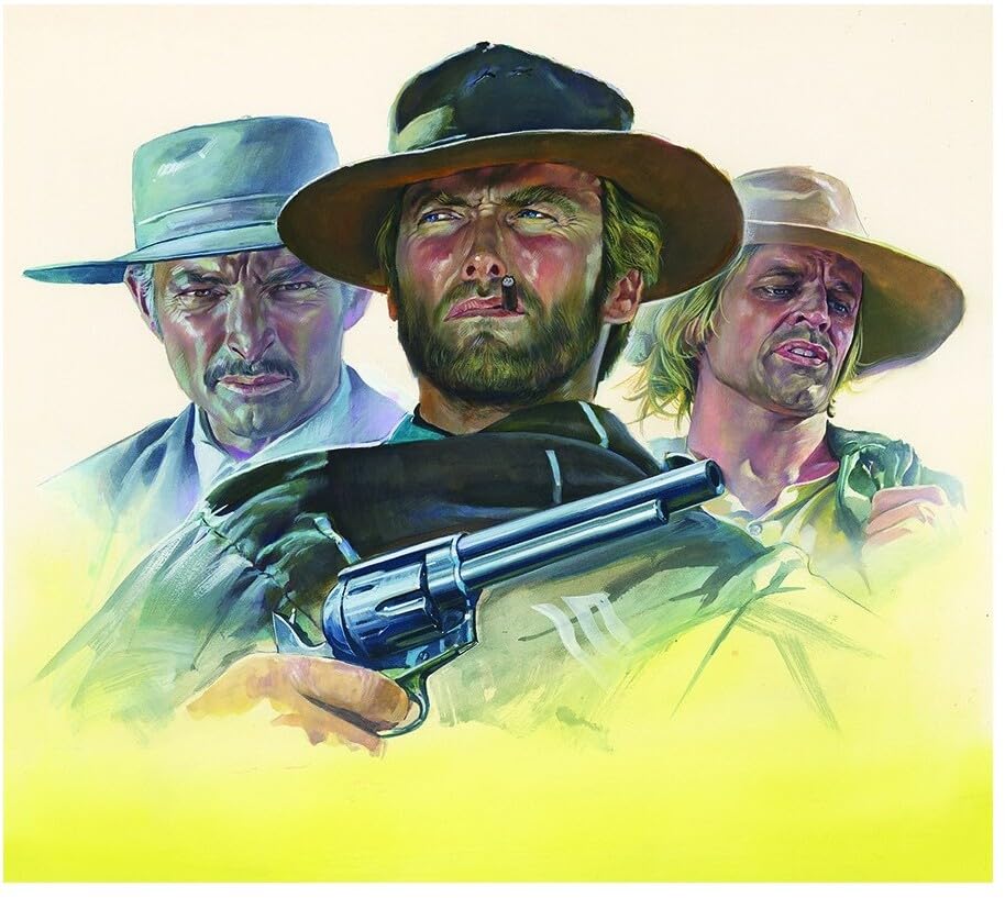 Painting of three men in cowboy hats, one holding a revolver.