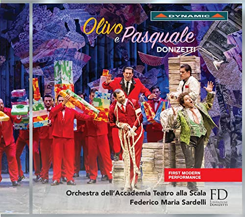 CD cover for Donizetti’s "Olivo e Pasquale" opera, stage performance scene.
