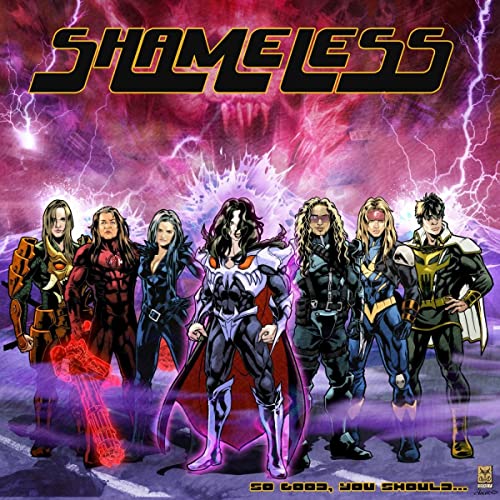 CD cover for Shameless, featuring a band in superhero costumes.
