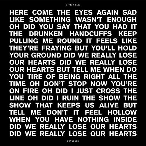 Black vinyl record cover with white, repeating lyrical text.