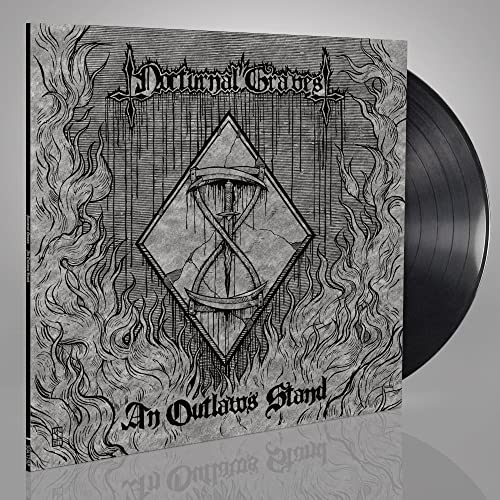 Black and white album cover with hourglass, next to a vinyl record.