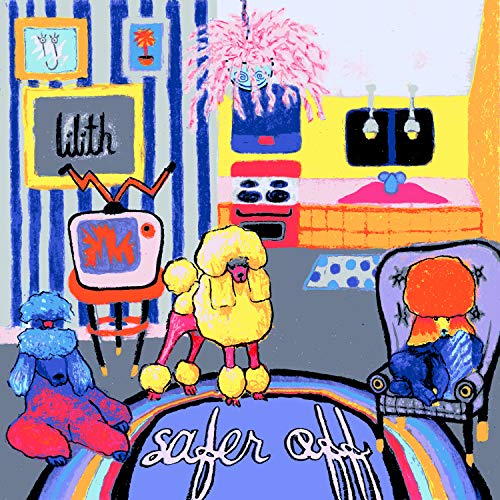 Colorful illustration of a room with dogs, furniture, and the text "Lilith" and "safer off".