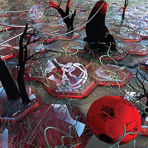 Abstract digital art with red and white shapes, trees, and a soccer ball.