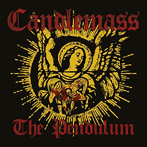 Candlemass album cover: golden and red illustration of a weeping angel.