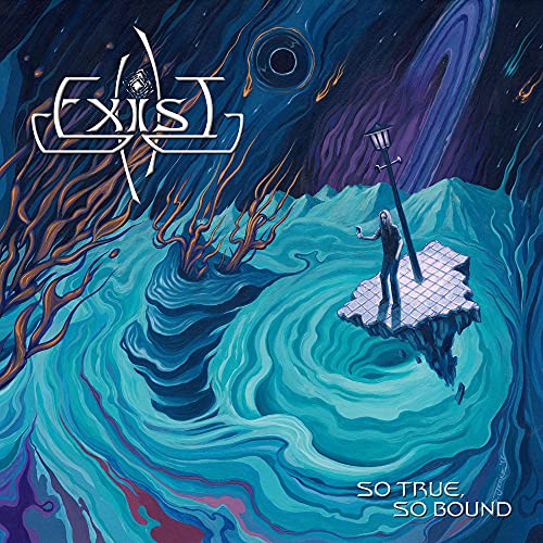 Album cover: swirling blue landscape with a figure and floating platform.