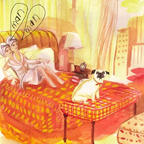 Watercolor painting of a woman and pug on a red bed.