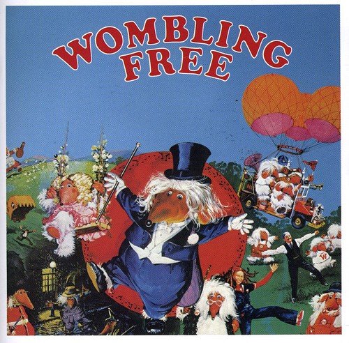 Wombling Free" CD cover featuring cartoon Wombles with a hot air balloon.