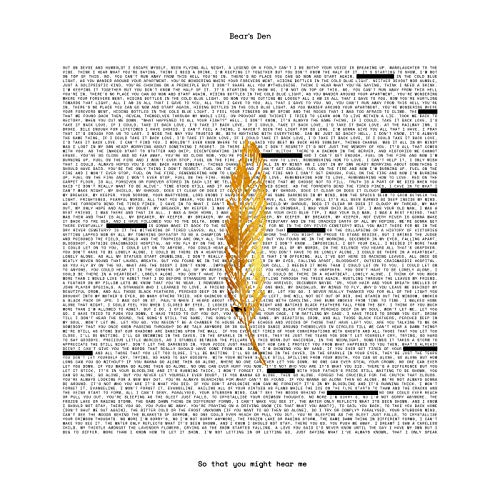 Bears Den album cover: gold feather against a black text background.