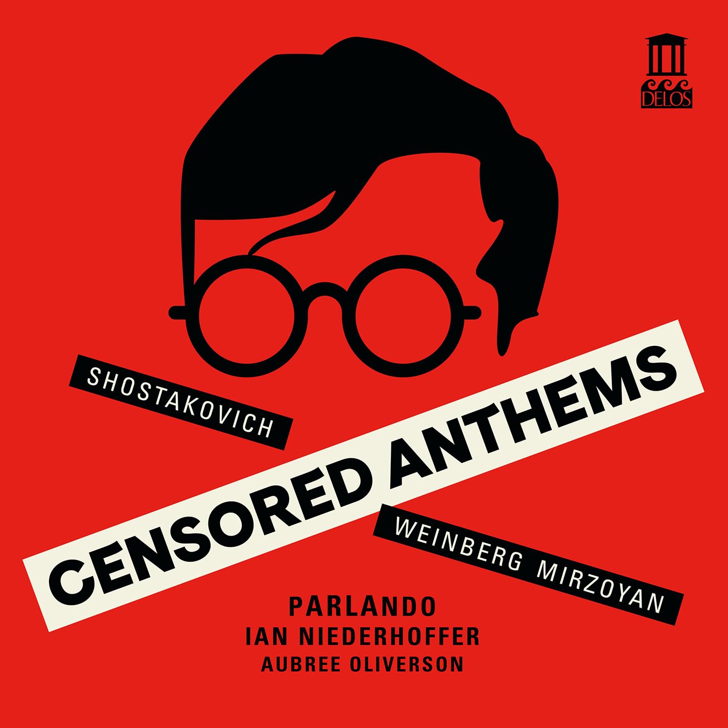 Red album cover with a black silhouette of a face wearing glasses.