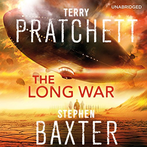 Audiobook cover for “The Long War” by Pratchett & Baxter, featuring airships.