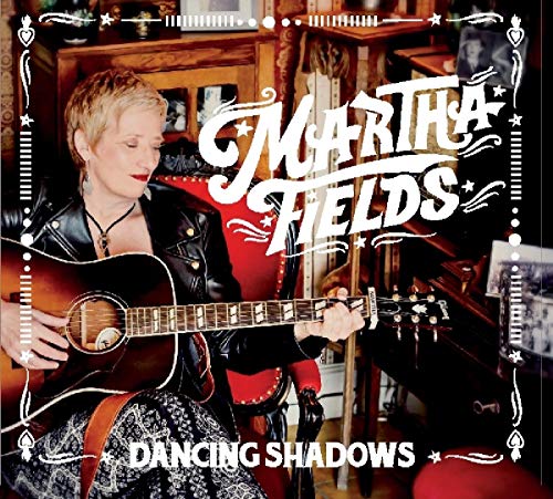 CD cover: woman with guitar, ornate room, title "Dancing Shadows".
