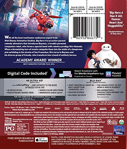 Blu-ray case for Disney’s “Big Hero 6” featuring Hiro, Baymax, and cityscape.