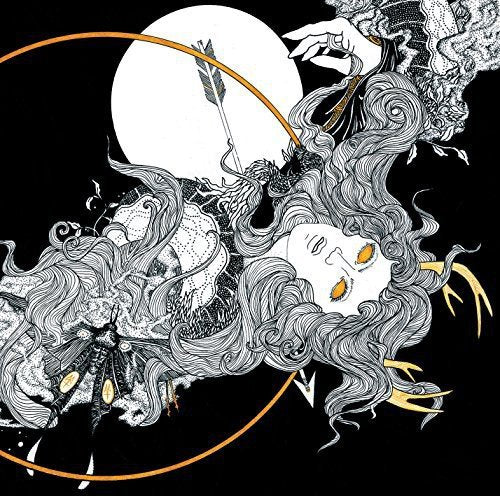 Black and white illustration of a figure with flowing hair, antlers, and glowing eyes.