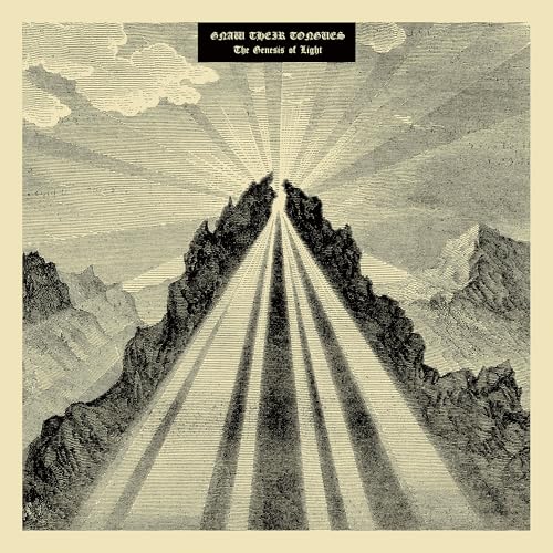Engraved mountains with radiant light beams, album cover for Gnaw Their Tongues.