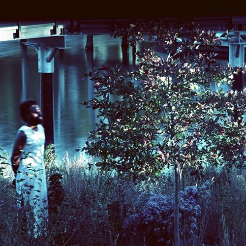 Woman in patterned dress stands near water and foliage.
