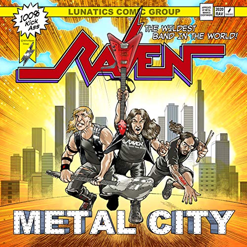 Raven “Metal City” CD cover featuring a band illustration and cityscape.
