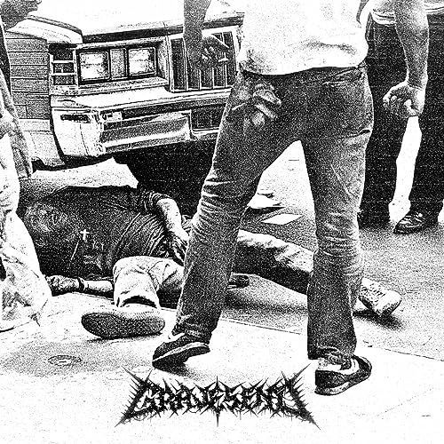 Black and white album cover depicting figures around a car and open manhole.