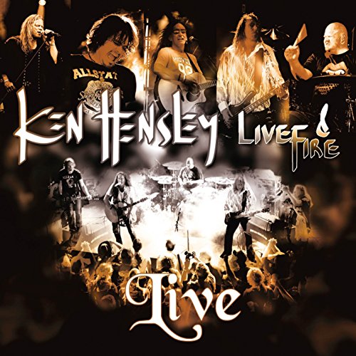 Collage of Ken Hensley and Live Fire performing live on stage in sepia tones.