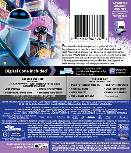 WALL-E Blu-ray disc cover featuring the robot and cityscape, with barcode.