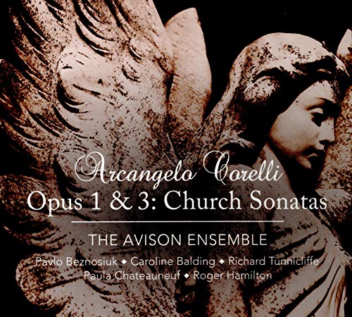 CD cover featuring a sepia-toned angel sculpture and text: Corelli, Opus 1 & 3.