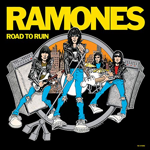 Ramones "Road to Ruin" album cover with band illustration and city skyline.