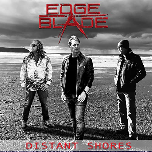 CD cover for "Edge Of The Blade - Distant Shores" featuring three men.