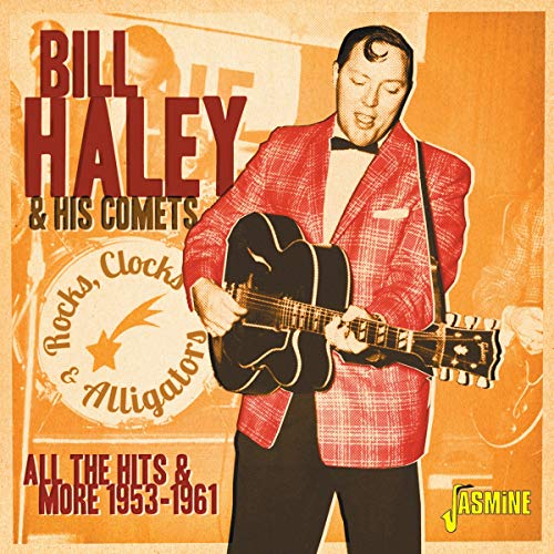 Bill Haley playing guitar in a red plaid jacket on an orange album cover.