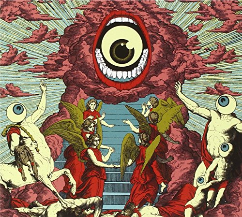 Surreal image of angels ascending towards a mouth with an eye.