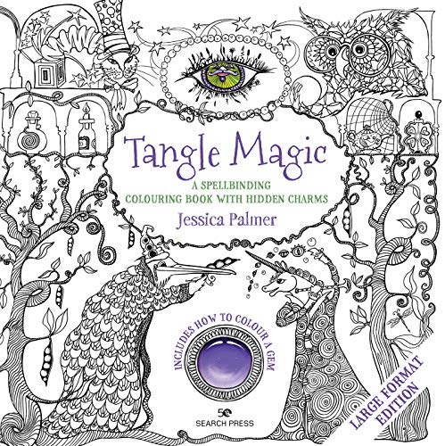 Intricate black and white illustration of magical creatures and objects.