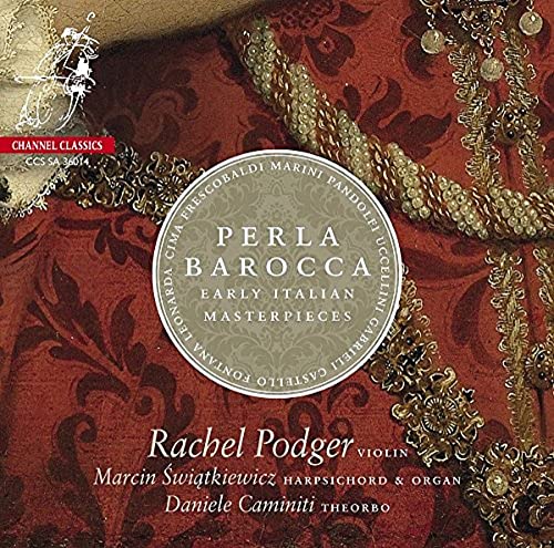 CD cover for "Perla Barocca" featuring baroque-style red and gold fabric.