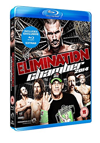 Blu-ray cover for WWE Elimination Chamber 2014 featuring wrestlers’ faces.