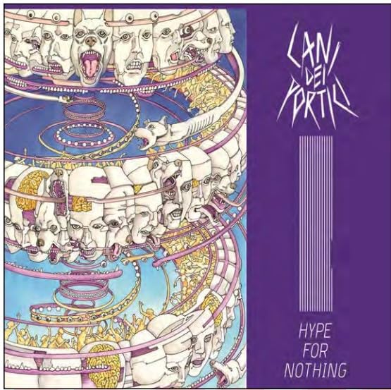 Vinyl record cover with repeating illustrated faces and purple background.