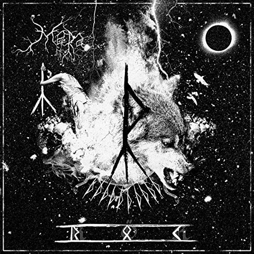 Black and white album cover featuring a wolf, figure, and celestial elements.