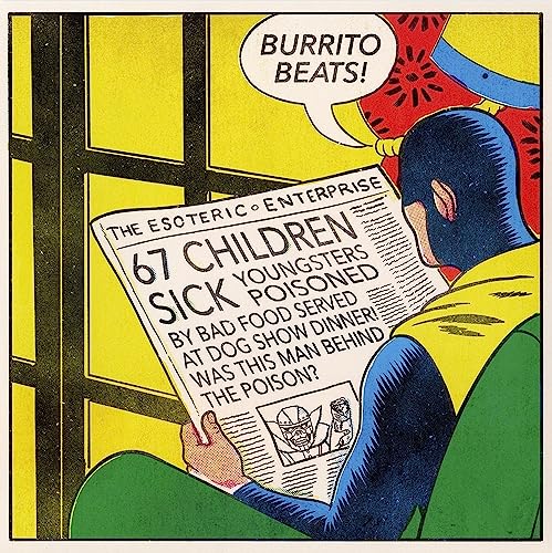 A comic book character in a mask reads a newspaper with a sensationalist headline.