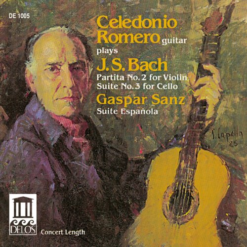 Celedonio Romero portrait with a guitar, album cover for Bach and Sanz music.