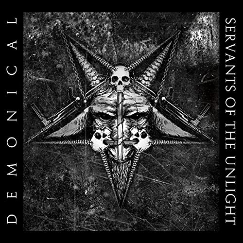 Pentagram with demonic goat skull, knives, and text on a dark background.