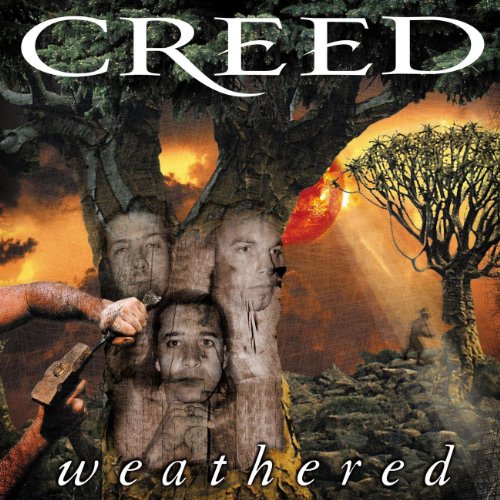 Creed’s “Weathered” CD cover: band members as tree trunks, fiery background.
