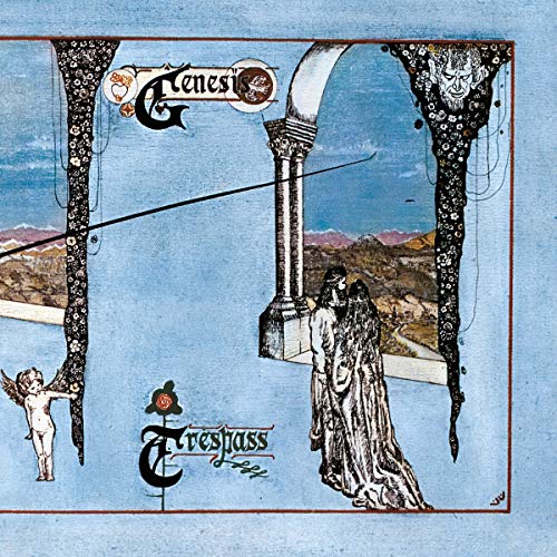 Genesis “Trespass” vinyl album cover with figures and landscape illustration.