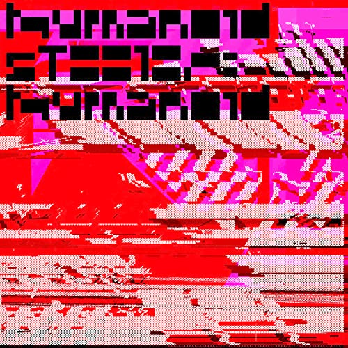 Abstract red and pink album cover with distorted, glitching text.
