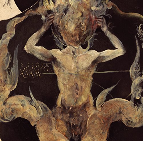 A painted figure with a swirling, indistinct head against a dark background.