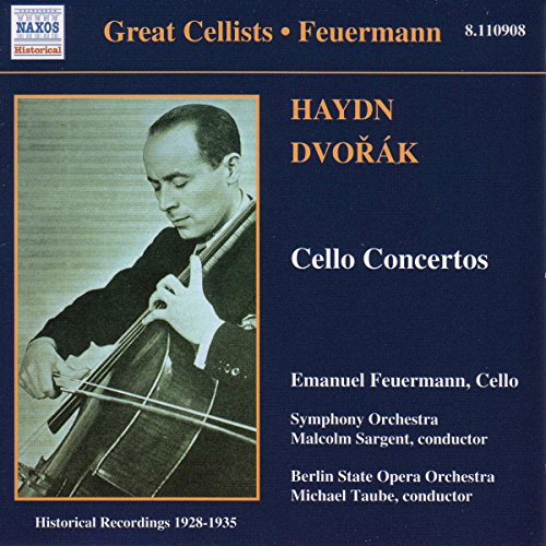 CD cover: Portrait of cellist Emanuel Feuermann with cello, blue background.