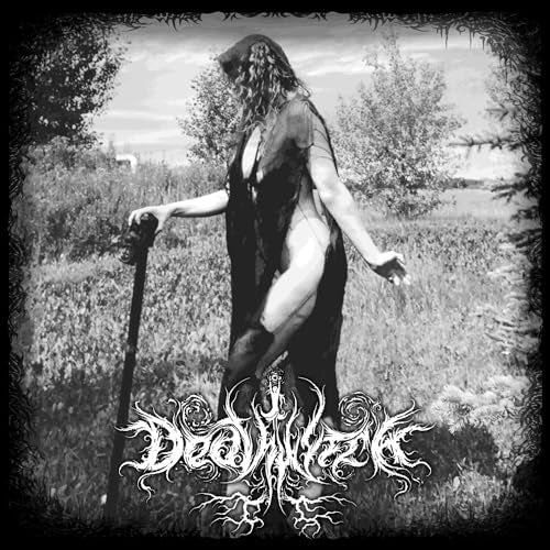Black and white album cover featuring a woman in a field with ornate text.