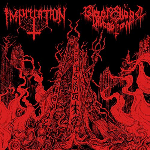 Red and black album art featuring a hooded figure and gothic architectural ruins.