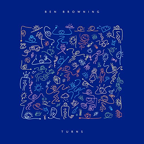 CD cover for Ben Browning’s “Turns” with blue background and white doodles.