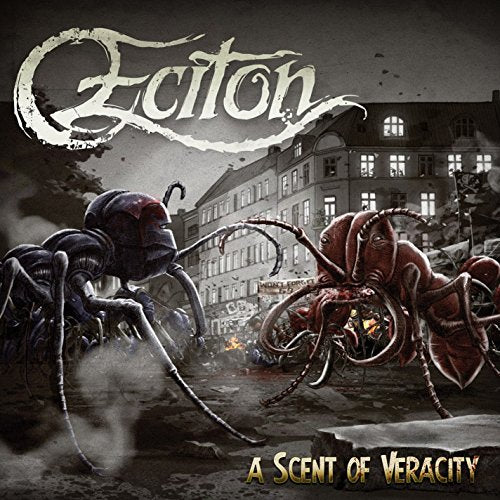 CD cover art featuring two large ants in a war-torn city scene.